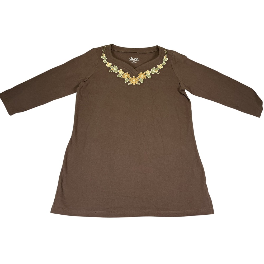 Denim & Co Brown Floral Embroidered V-Neck 3/4 Sleeve Tunic Top XXS A266836